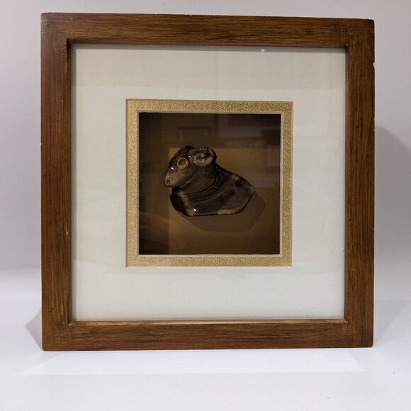 Vintage Chinese Horoscope Shadow Art Box w. Ceramic Goat Ram Sheep - Astrology - Picture 2 of 6